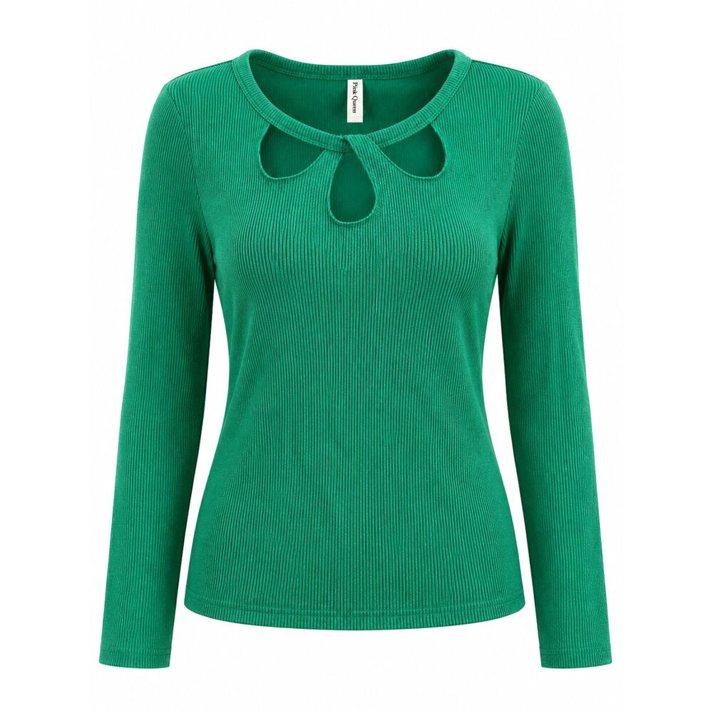Pink Queen Ribbed Cutout Long Sleeve Knit Top Green Size Medium